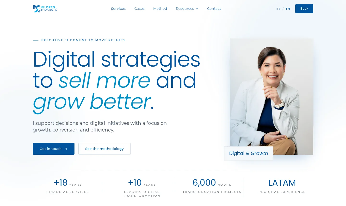 The English homepage of mildredcerda.com: the headline 'Digital strategies to sell more and grow better', a portrait of Mildred Cerda, and key figures for years of experience and transformation hours.