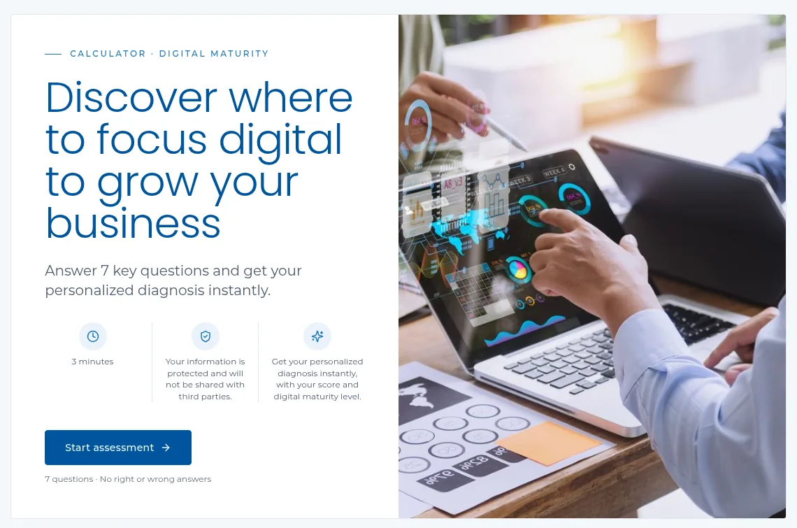 The digital maturity calculator's start screen: 'Discover where to focus digital to grow your business', with notes that it takes three minutes and returns a personalised diagnosis.
